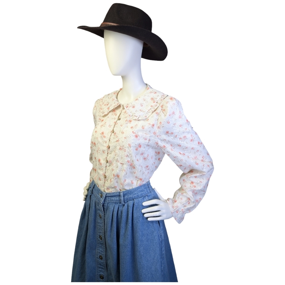 West Fade Floral Eyelet Lace Western Prairie Blouse | Cottagecore | Size L